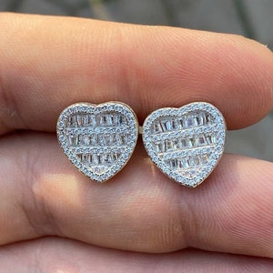 Women's Solid 925 Sterling Silver Baguette CZ Diamond Super Iced Out Heart Stud Screwback Earrings, ER-32