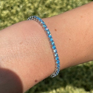 Women&#39;s or Men&#39;s 3mm Aqua Real SOLID 925 Sterling Silver Iced Out Aquamarine Tennis Bracelet 6&quot; through 8.5” lengths