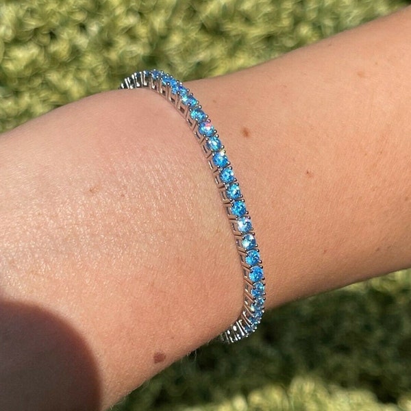 Dames of heren 3 mm Aqua Real SOLID 925 Sterling Zilver Iced Out Aquamarijn Tennisarmband met een lengte van 6" tot 8,5"