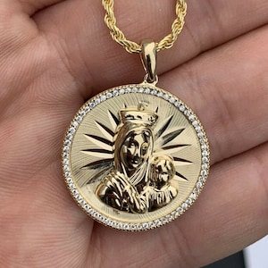 14k Gold Finish over Solid Sterling Silver Virgin Mary & Baby Jesus 1&quot; Round Medallion Pendant 2mm Rope Chain Necklace 16&quot;-30&quot;