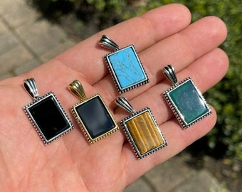Sterling Silver Gemstone Dog Tag Pendant: Onyx, Tiger's Eye, Lapis Lazuli