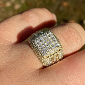 Men&#39;s Super Iced Out Custom Square Hip Hop Rapper Pinky Ring Simulated Diamonds Yellow Gold over Solid 925 Sterling Silver sizes 7-13