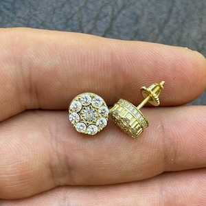 Men&#39;s Women&#39;s 14k gold over 925 Sterling Silver Iced Out Hip Hop Round Diamond Stud Cluster 10mm Screw Back Earrings
