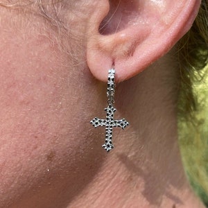 Men&#39;s Women&#39;s Solid 925 Sterling Silver Dangle Drop Nugget Cross Earrings