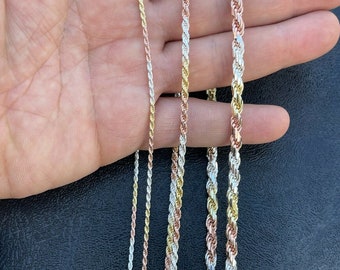 Men's Women's hand made 925 sterling silver tri-color gold/rose gold/silver Rope Chain necklace, 2mm, 3mm or 5mm width and 16"-30" length