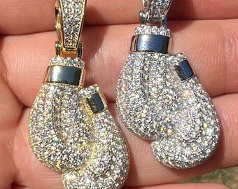 Iced Moissanite Boxing Glove Pendant: Sterling Silver, Rhodium/14k Gold Finish
