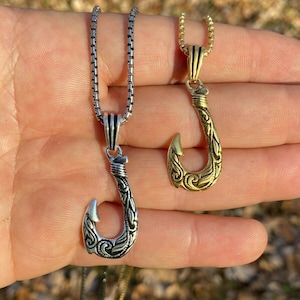 Men&#39;s Women&#39;s Custom Made Oxidized 925 Sterling Silver or Gold Finish Hawaiian Fishing Hook Pendant 2mm Box Chain Necklace 18&quot;-30&quot;