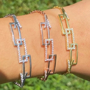 Women&#39;s Girl&#39;s Real Solid 925 Sterling Silver CZ Modern Paperclip Bracelet in Rhodium, Yellow Gold or Rose Gold Finish 6&quot; - 8.25&quot; Adjustable