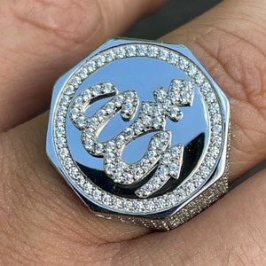Men&#39;s Real Solid 925 Sterling Silver Allah Islamic Arabic Ring IcedOut Simulated Diamond Hip Hop Sizes 7 thru 13