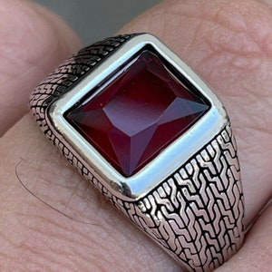 Men's Solid 925 Oxidized Sterling Silver Square Red Ruby