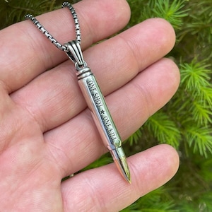 One Shot, One Kill Sniper Motto Slogan Men&#39;s 925 Sterling Silver Gold Finish Rifle Bullet Pendant, Army, Marines, Military, US Armed Forces