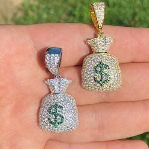 Ciondolo personalizzato a forma di borsellino porta soldi in argento sterling 925 massiccio con simbolo del dollaro, con diamanti simulati e finitura in rodio o oro 14k