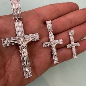 Custom made Solid 925 Silver Simulated Baguette Diamond Crucifix Jesus Cross Pendants Small, Medium & Large Sizes Mens Womens