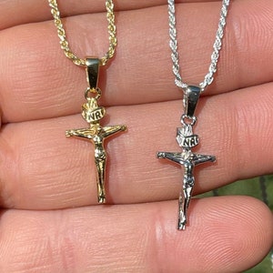 Small Handmade Solid 925 Sterling Silver Men&#39;s Women&#39;s Crucifix Cross Jesus Pendant in 14k Yellow Gold or Rhodium Finish, .5&quot; x .75&quot;