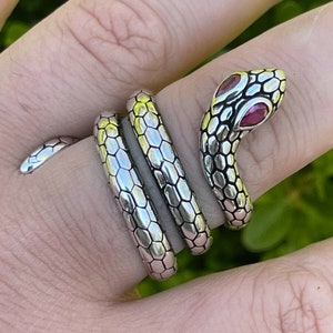 Könnte beinhalten: Ein silberner Schlangenring mit roten Edelsteinaugen. Die Schlange ist um den Finger gewickelt und hat ein strukturiertes, schuppiges Design.