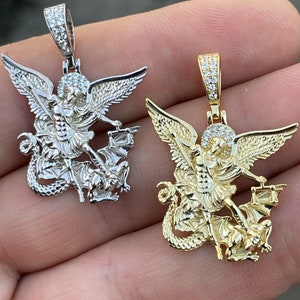 Solid 925 Sterling Silver Men's Women's St. Michael Archangel Diamond Pendant in 14k Yellow Gold or Rhodium Finish.....P507/508