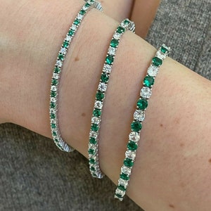 Women&#39;s Girl&#39;s SOLID 925 Sterling Silver Iced Out Tennis Bracelet Single Row Diamond & Green Emerald 6&quot;-8.5&quot;