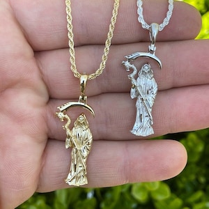 Men&#39;s Women&#39;s Small Grim Reaper Santa Muerte Pendant Solid 925 Sterling Silver in 14k Gold Finish or Natural Silver 2mm Rope Chain 16&quot;-30&quot;