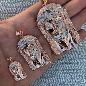 Men&#39;s 14k Rose Gold over 925 Sterling Silver Iced Out Simulated Diamond Jesus Pendants, small/medium/large