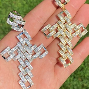 Men&#39;s Solid 925 Sterling Silver Iced Out Diamond Large Prong Cuban Cross Pendant in Rhodium or 14k Gold Finish, 10mm Bale