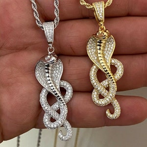 Men&#39;s Women&#39;s Solid 925 Sterling Silver Iced Out Diamond King Cobra Snake Pendant, Rhodium or 14k Gold Finish