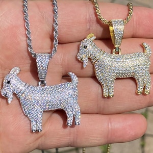 Iced Out Solid 925 Sterling Silver Men&#39;s Women&#39;s GOAT Pendant 14k Gold or Rhodium Finish, 1.5&quot; x 1.5&quot;, 2mm Rope Chain 16-30&quot;