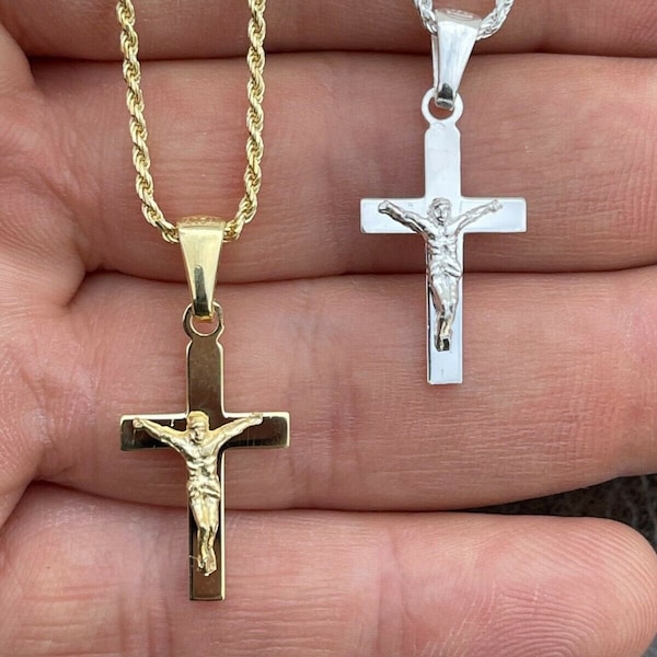 Colgante pequeño hecho a mano de plata de ley 925 maciza para hombre y mujer con crucifijo de cruz de Jesús en oro amarillo de 14 k o acabado en rodio