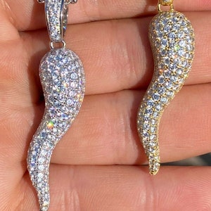Men&#39;s Super Iced Out Custom Made Cornicello Italian Horn Pendant Solid 925 Sterling Silver w/Rhodium or 14k Gold Finish, 18-30&quot; Moon Chain