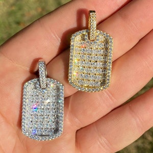Solid 925 Sterling Silver Men&#39;s Women&#39;s Baguette Diamond Hip Hop Dog Tag Pendant 14k Yellow Gold or Rhodium Finish 18-30&quot; Moon Bead Chain