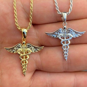 Men&#39;s Women&#39;s 925 Sterling Silver Caduceus Pendant 14k Gold/Rhodium Finish, Nurse, Doctor, EMS, EMT, Paramedic, Healthcare Worker...P736/737