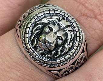 LION pour homme vintage noir oxydé rhodié massif 925, symbole de force, LION, tailles de bague 7 à 13