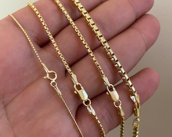 14k Gold over Real Solid 925 Sterling Silver Rounded Box Chain 1-3mm Necklace Men Ladies 16-30" Handmade, Great for Pendants!