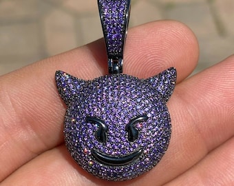 Custom Made Solid 925 Sterling Silver Iced Out Purple Simulated Diamond Hip Hop Devil Face Emoji Pendant