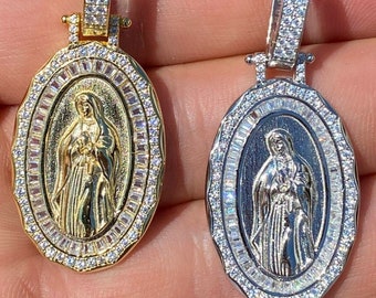 Solid 925 Sterling Silver Men's Women's Virgin Mary Baguette Diamond Medallion Pendant in 14k Yellow Gold or Rhodium Finish, Rope Chain