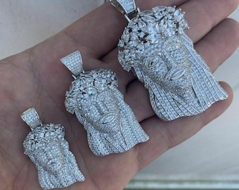 Iced Out Jesus Pendant: 925 Sterling Silver Simulated Diamond