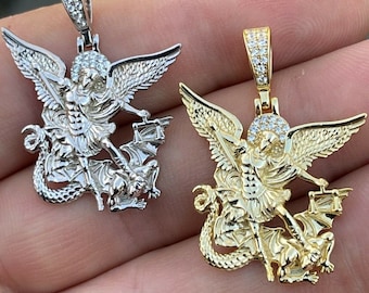 Handmade St. Michael Archangel Pendant: Sterling Silver, Simulated Diamonds
