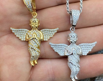 Iced Praying Angel Pendant: Sterling Silver Cherub with CZ Diamonds
