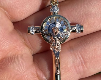Handmade Italian Sterling Silver Crucifix Pendant, Simulated Diamond Gold Finish