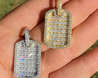 Iced Baguette CZ Sterling Silver Dog Tag Pendant: Hip Hop Moon Chain