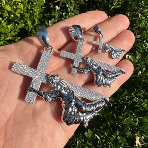 Men&#39;s Women&#39;s MOISSANITE Jesus Carrying Cross Pendant Solid 925 Sterling Silver w/Rhodiun Finish, 3 Sizes, PASSES DIAMOND Tester!!!