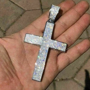Men&#39;s Big 3.25&quot; Solid 925 Sterling Silver Iced Out Cross Pendant, Jesus, Crucifix, Hip Hop Rapper,  P02