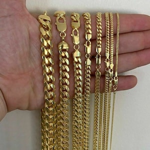 Men's Women's 14k Gold Finish over SOLID 925 Sterling Silver Lobster Clasp Miami Cuban Necklace Chain, 2mm-12mm, 16" - 30"