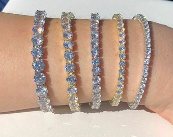 Iced Out Tennis Bracelet: 925 Sterling Silver, Simulated Diamond, Rhodium/Gold Finish