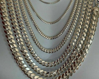 Collana da uomo in argento sterling 925 con chiusura a moschettone, catena cubana Miami, 2mm-12mm, 16"- 30"