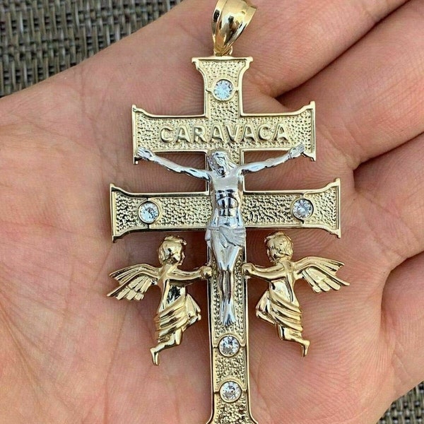 Pendentif croix Cruz de Caravaca en argent massif 925 pour homme ou femme 2,5 x 1,5 po. finition or 14 carats glacé, P331