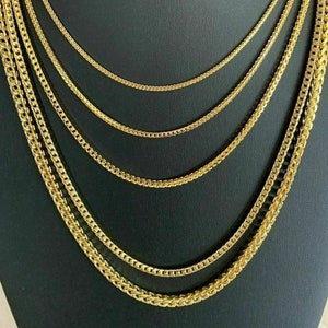 Men&#39;s Women&#39;s 14k Gold Over Solid 925 Sterling Silver Franco Square Box Chain Necklace 2mm, 2.5mm, 3mm, 4mm, 5mm, 18&quot; to  30&quot; Lengths