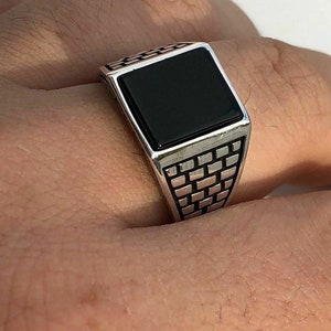 Men&#39;s Custom Made Small Square Solid 925 Sterling Silver Black Onyx Signet Pinky Statement Ring Sizes 7 - 13