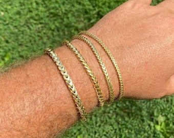 Men's Women's Gold over Solid 925 Sterling Silver Franco Bracelets 2.5mm, 3mm, 4mm, 5mm widths and 7"-9" lengths