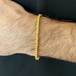 Men's Women's Canary Yellow MOISSANITE 3mm 14k Gold over Solid 925 Sterling Silver Micro Tennis Bracelet 6" to 8.5", PASSES DIAMOND Tester!
