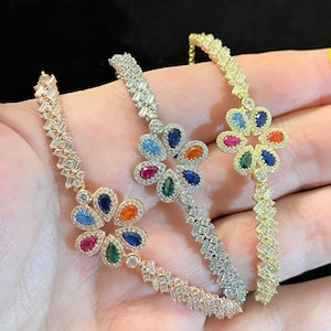 Women&#39;s Girls 925 Sterling Silver Multi-Color Flower Daisy Bracelet Adjustable 7-8&quot;, Rhodium, Rose Gold, 14k Yellow Gold